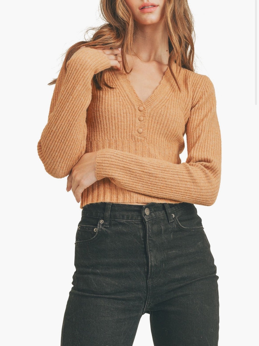 NWOT All in Favor V-Neck Rib Stitch Sweater in Granola Size Small XS NEW